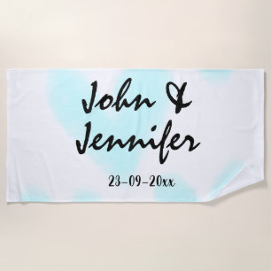 white simple minimal text style wedding blue heart beach towel