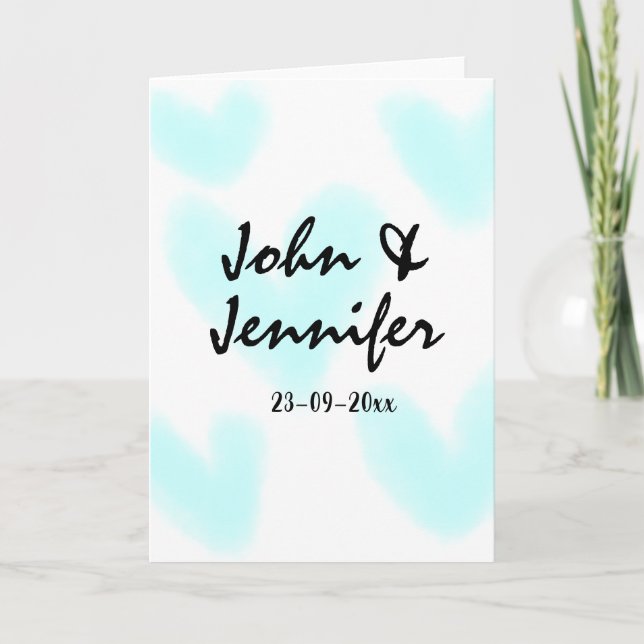 white simple minimal text style wedding blue heart card (Front)