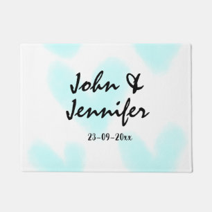 white simple minimal text style wedding blue heart doormat