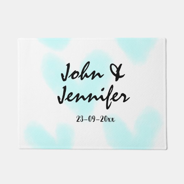 white simple minimal text style wedding blue heart doormat (Front)