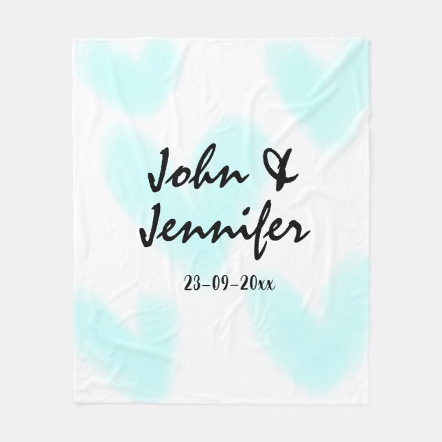 white simple minimal text style wedding blue heart fleece blanket (Front)