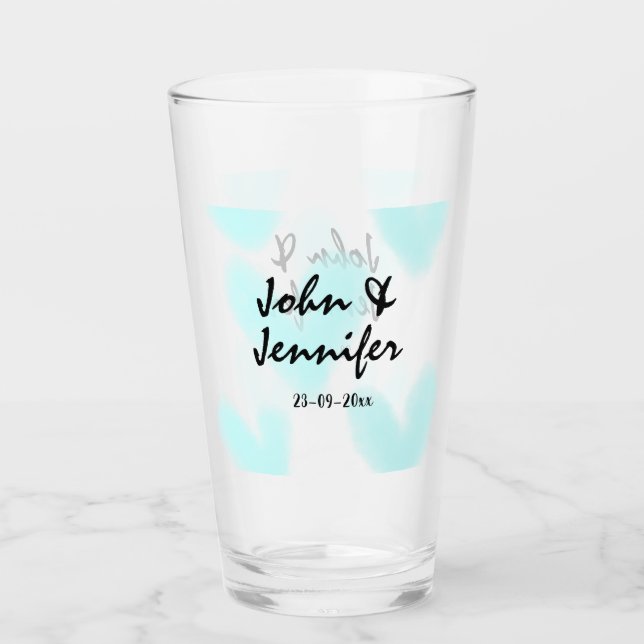white simple minimal text style wedding blue heart glass (Front)