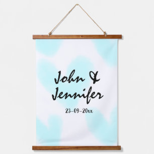 white simple minimal text style wedding blue heart hanging tapestry