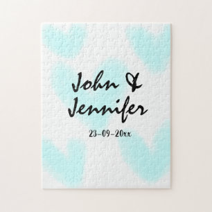 white simple minimal text style wedding blue heart jigsaw puzzle