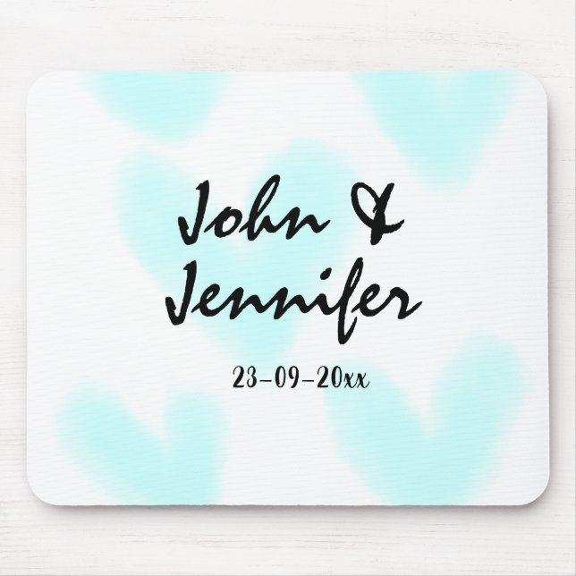 white simple minimal text style wedding blue heart mouse mat (Front)