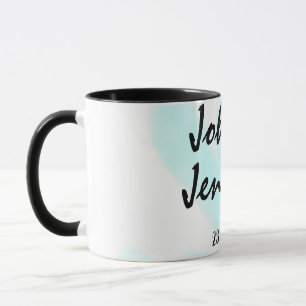 white simple minimal text style wedding blue heart mug