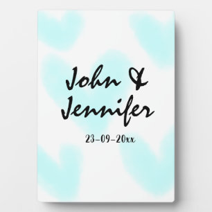 white simple minimal text style wedding blue heart plaque