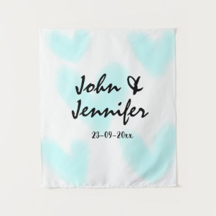 white simple minimal text style wedding blue heart tapestry