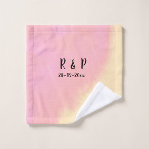 white simple minimal text style wedding pink yello bath towel set