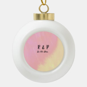 white simple minimal text style wedding pink yello ceramic ball christmas ornament