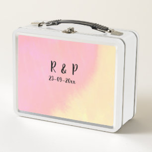 white simple minimal text style wedding pink yello metal lunch box