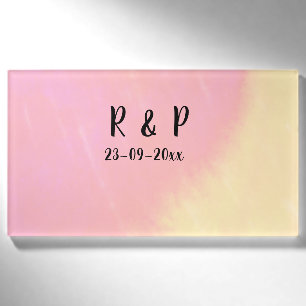 white simple minimal text style wedding pink yello name tag