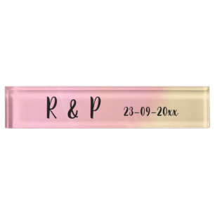 white simple minimal text style wedding pink yello nameplate