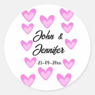 white simple minimal text style wedding pinkheart classic round sticker