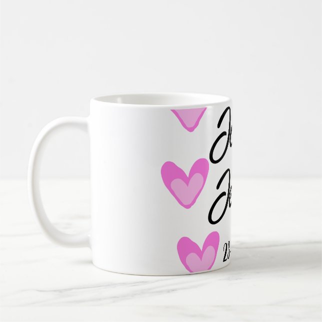 white simple minimal text style wedding pinkheart  coffee mug (Left)