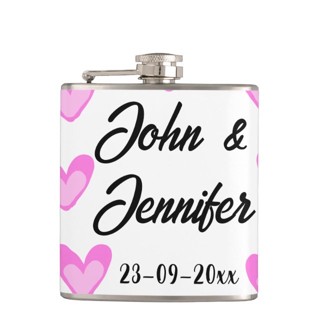 white simple minimal text style wedding pinkheart  hip flask (Front)