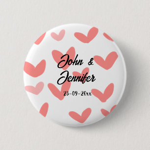white simple minimal text style wedding red heart 6 cm round badge