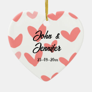 white simple minimal text style wedding red heart ceramic tree decoration