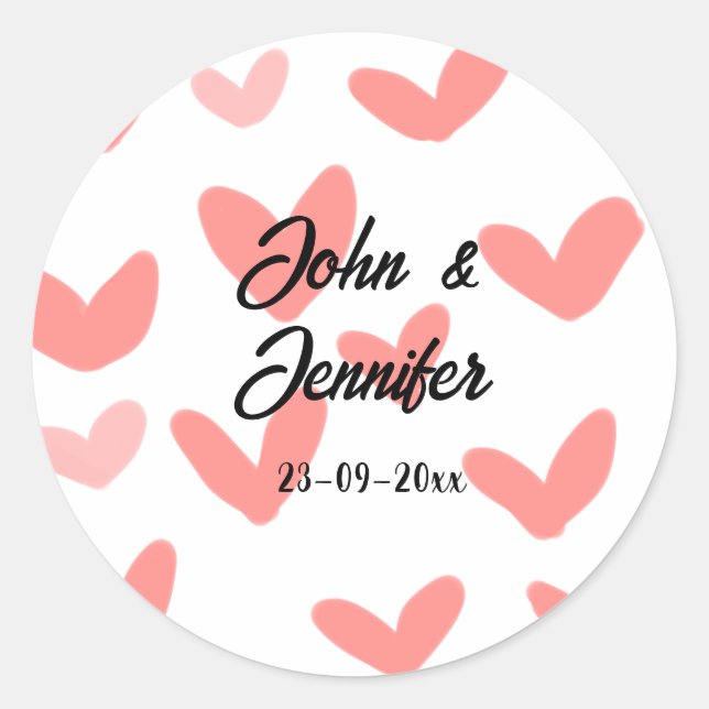 white simple minimal text style wedding red heart  classic round sticker (Front)