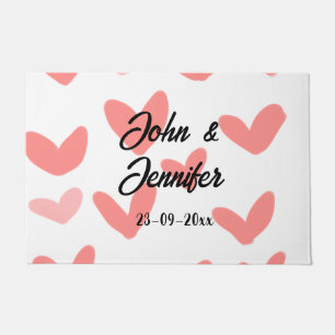 white simple minimal text style wedding red heart doormat