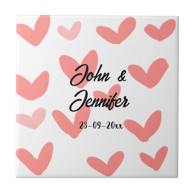 white simple minimal text style wedding red heart  tile (Front)