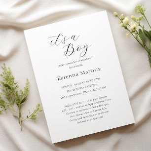 White Simple Minimalist It's a Boy Baby Shower Invitation
