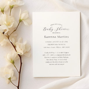 White Simple Minimalist Script Baby Shower Invitation
