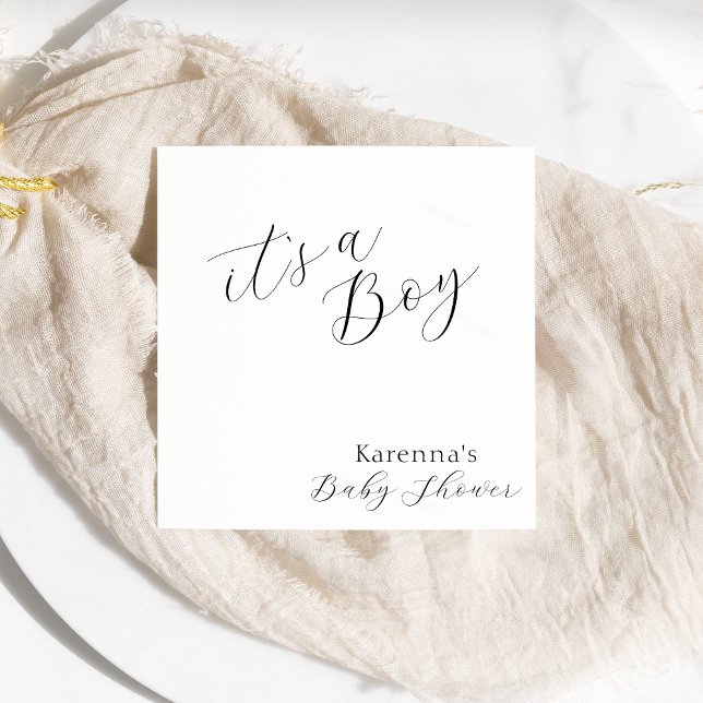 White Simple Minimalist Script Boy Baby Shower Napkin (Creator Uploaded)