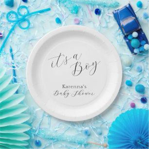 White Simple Minimalist Script Boy Baby Shower Paper Plate