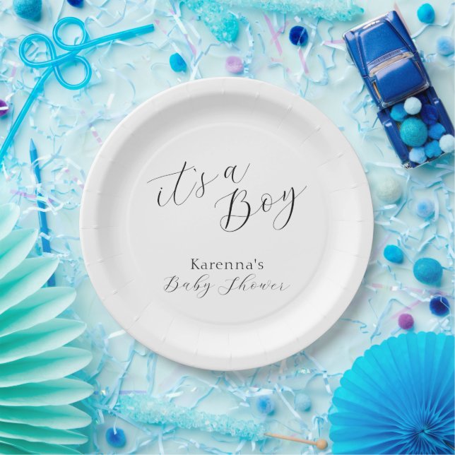 White Simple Minimalist Script Boy Baby Shower Paper Plate (Party)