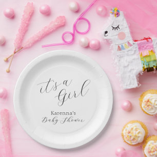 White Simple Minimalist Script Girl Baby Shower Paper Plate
