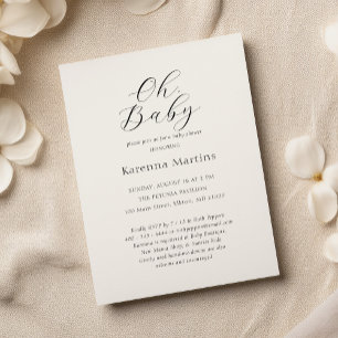 White Simple Minimalist Script Oh Baby Shower Invitation