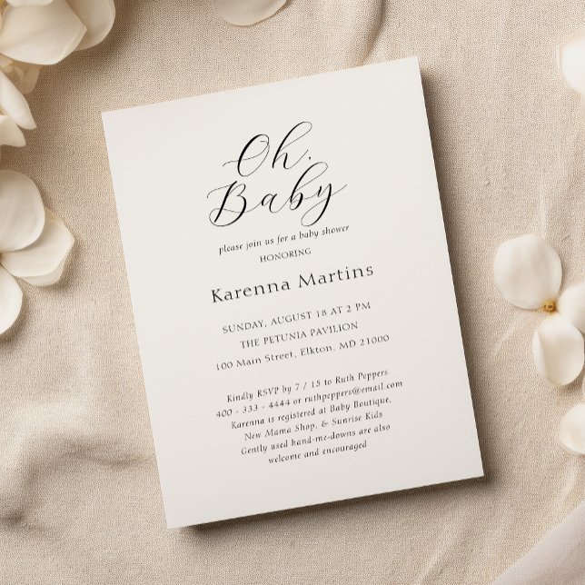 White Simple Minimalist Script Oh Baby Shower Invitation (Creator Uploaded)