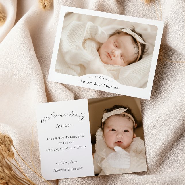 White Simple Minimalist Script Two Photo Birth Announcement (Creator Uploaded)