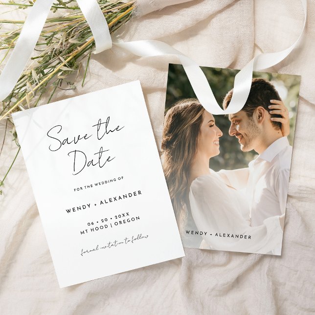 White Simple Modern Script Photo Save The Date (Creator Uploaded)