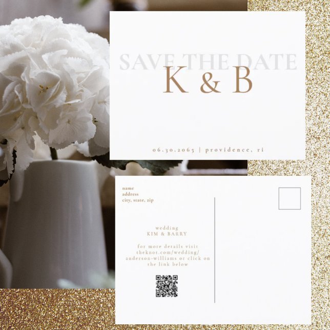 White Simplicity Monogram QR Code Save the Date Postcard (Creator Uploaded)