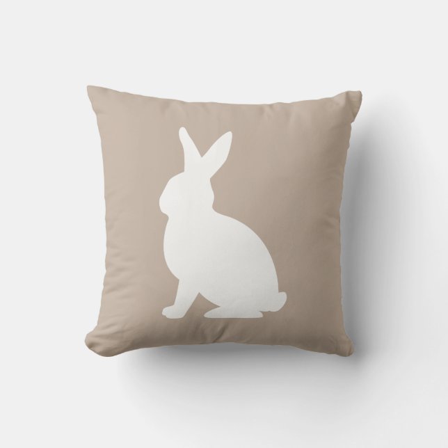 White Sitting Bunny Silhouette On Beige Easter Cushion (Front)