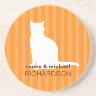 White sitting cat orange stripes pet lover modern coaster