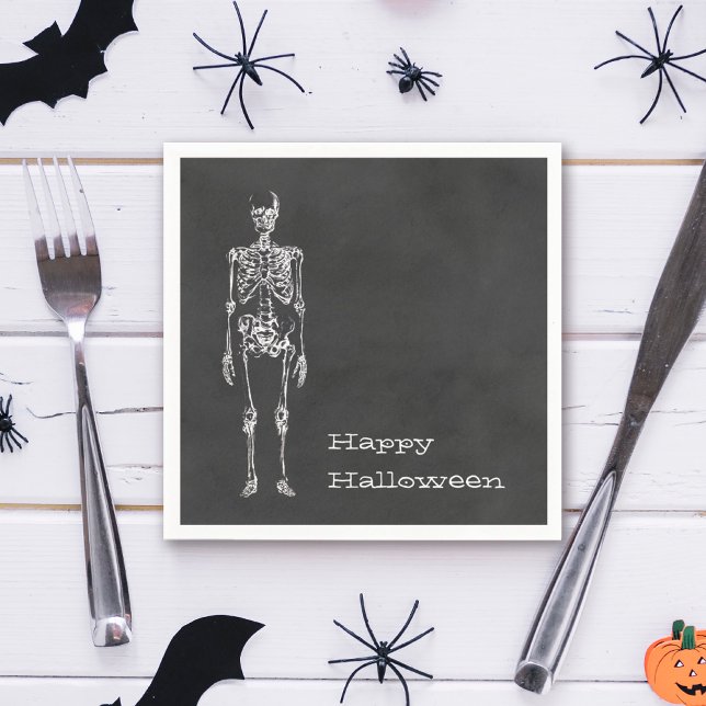 White Skeleton Black Spirit Halloween Party Napkin (Decorate your Halloween party with this spooky Skeleton designed black charcoal napkin. )