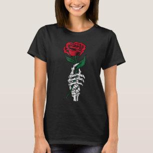 White Skeleton Hand Holding Rose Flower Funny Vale T-Shirt