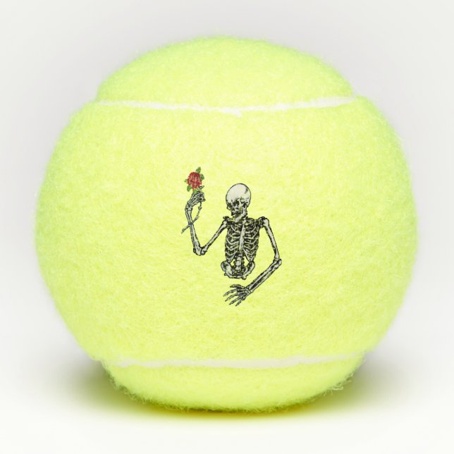 White Skeleton Holding Red Rose on Stem Leaves Tennis Balls (Front)