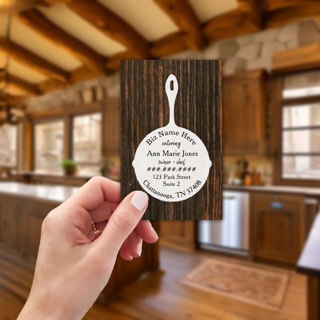White Skillet Rustic Wood Restaurant Caterer Business Card (Creator Uploaded)