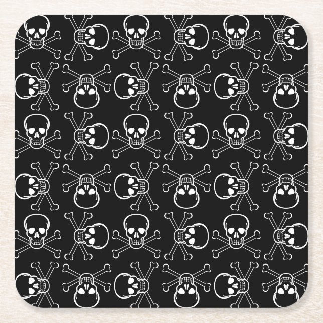 White Skull and Crossbones graphic Pattern Square Paper Coaster (Front)