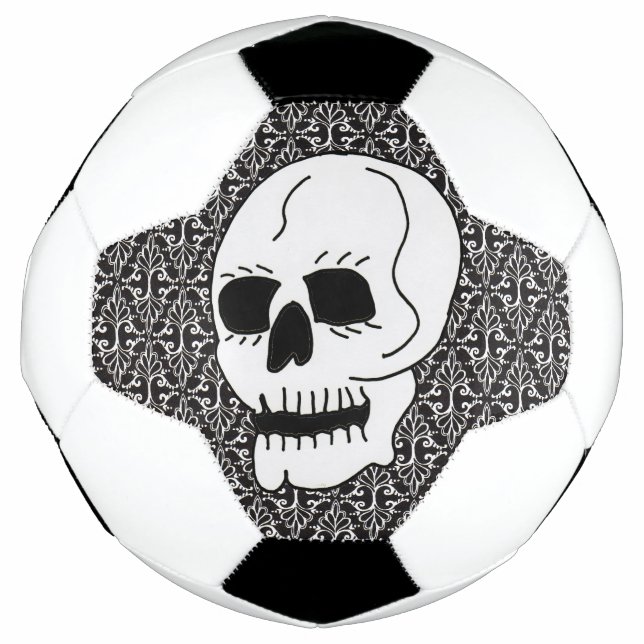 White Skull Black Eyes on Ornate Scrolled Damask Football (Front)