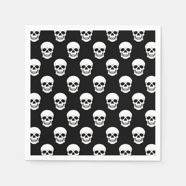 White Skull Pattern On Black Spooky Halloween Napkin (Front)