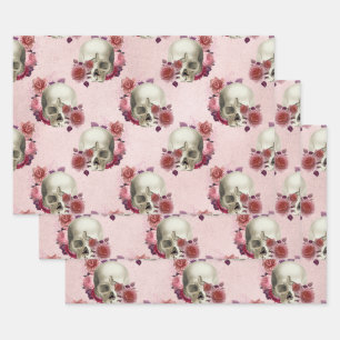 White Skulls and Pink Floral Wrapping Paper Sheet