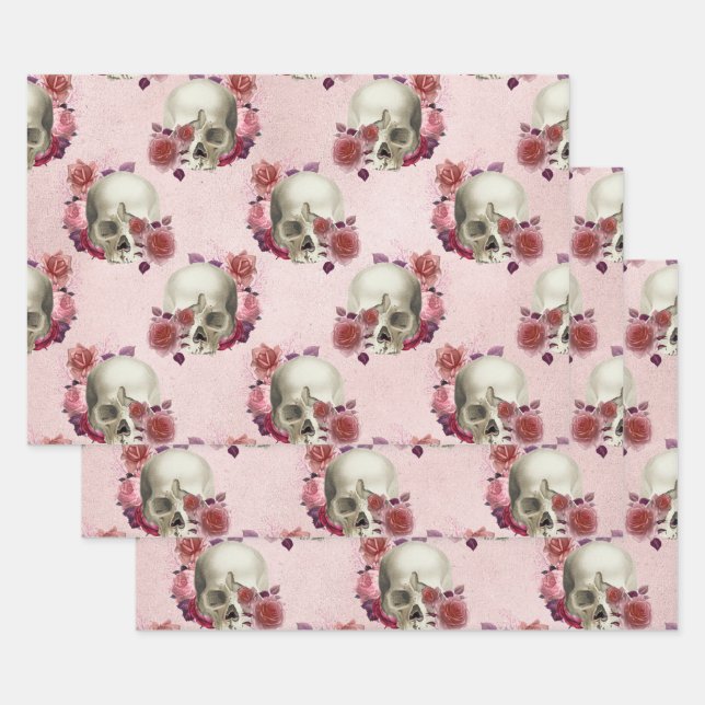 White Skulls and Pink Floral Wrapping Paper Sheet (Set)