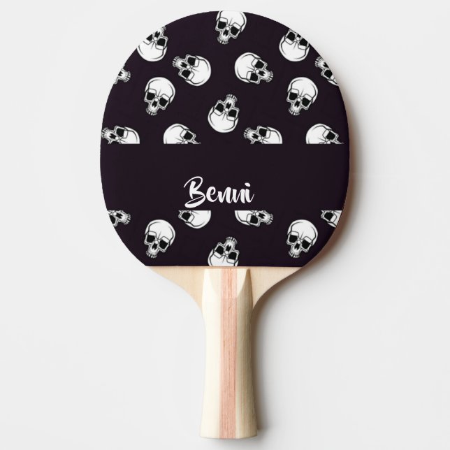 White skulls on purple pattern ping pong paddle (Front)