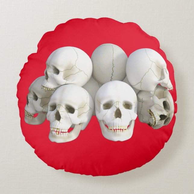 White Skulls Round Pillow, red background Cushion (Front)