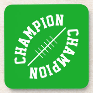 White Slant Football CHAMPION Text On Bright Green Coaster